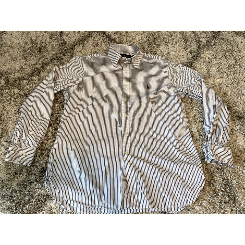 Ralph Lauren‎ Button Down Shirt Men Sz 16.5 34/35 Black White Stripe Purple Logo